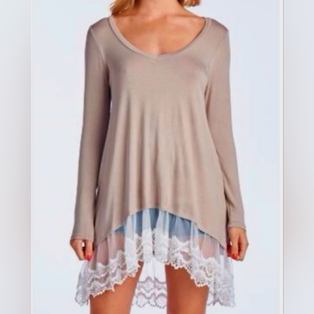 Reborn J Tan White Asymmetrical Lace Embellished Tunic Top NWT Medium